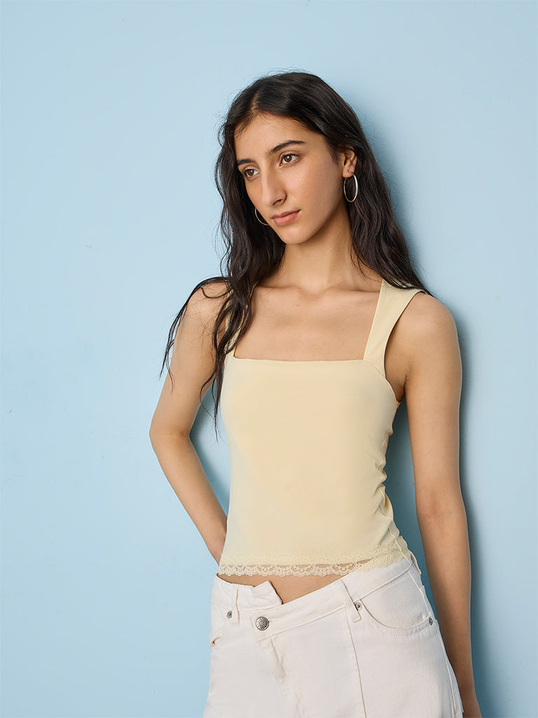 Nuon Light Yellow Lace Detail Cotton-Blend Top