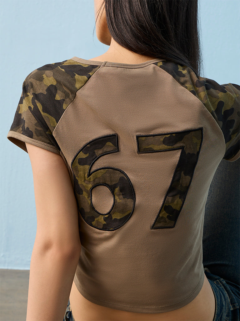 Nuon Light Olive Camouflage Printed Cotton-Blend T-Shirt