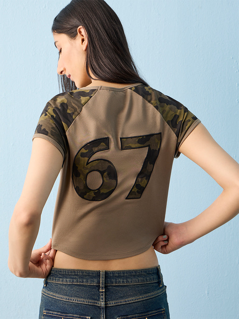 Nuon Light Olive Camouflage Printed Cotton-Blend T-Shirt