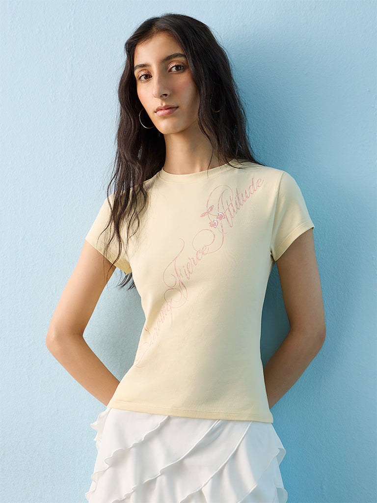 Nuon Light Yellow Typographic Cotton-Blend T-Shirt