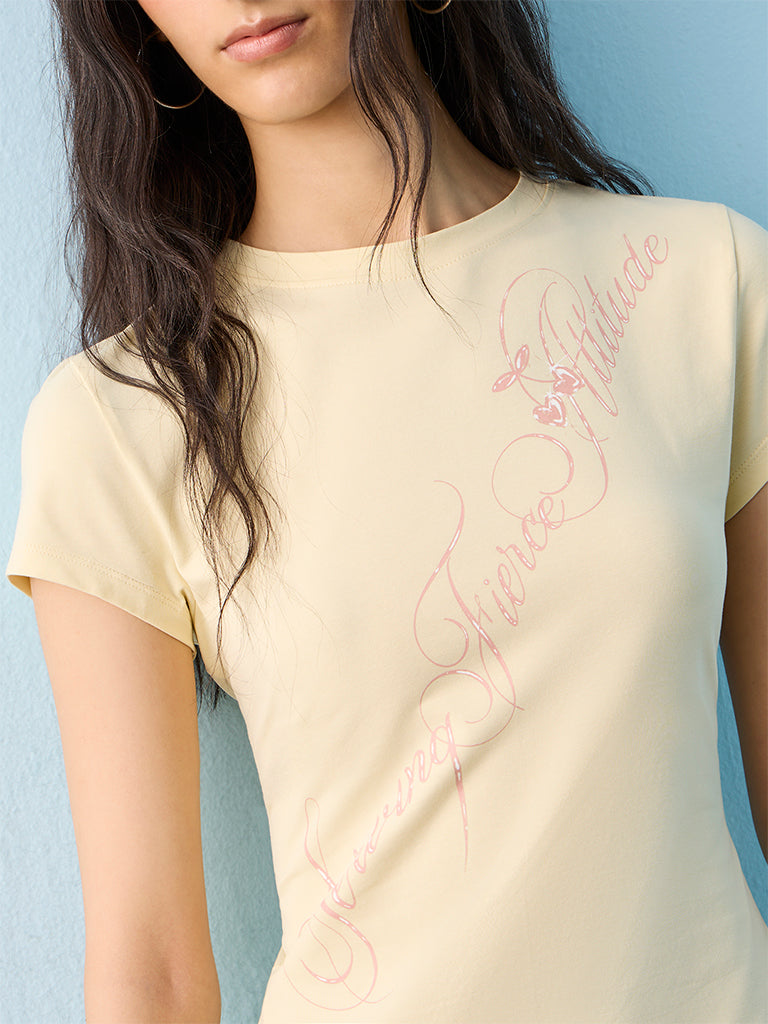 Nuon Light Yellow Typographic Cotton-Blend T-Shirt