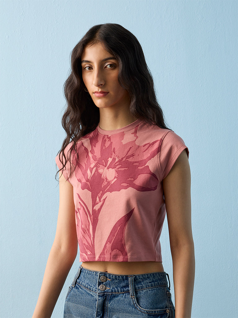 Nuon Dusty Pink Floral Pattern Cotton-Blend T-Shirt
