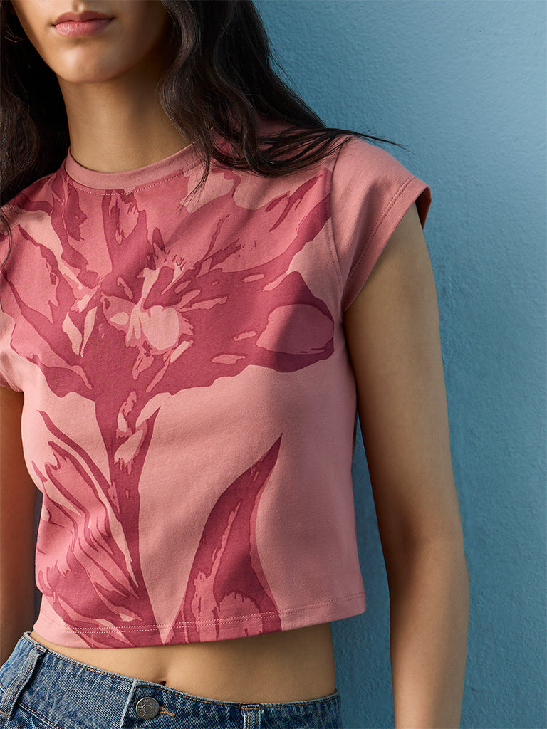 Nuon Dusty Pink Floral Pattern Cotton-Blend T-Shirt
