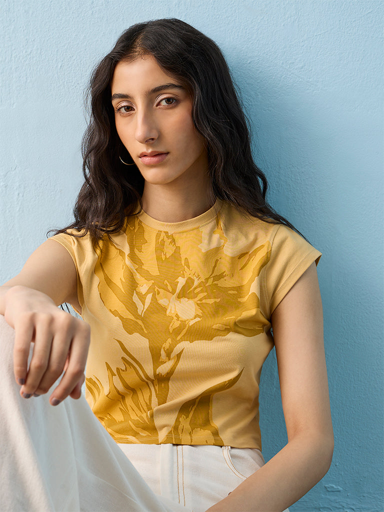 Nuon Mustard Floral Design Cotton-Blend T-Shirt