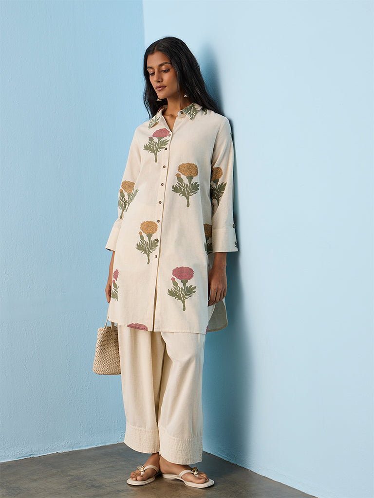 Utsa Light Beige Botanical Printed Straight Cotton-Blend Kurta