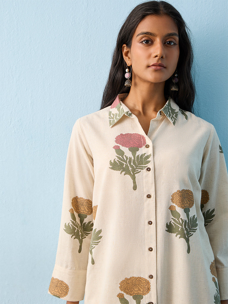 Utsa Light Beige Botanical Printed Straight Cotton-Blend Kurta