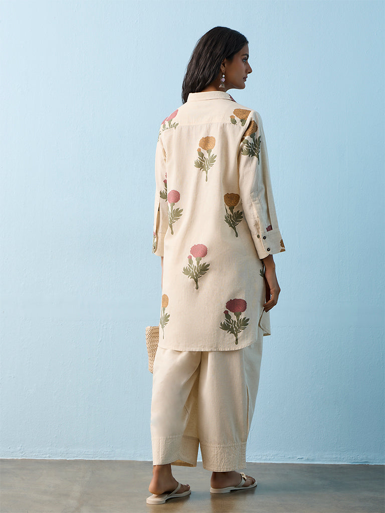 Utsa Light Beige Botanical Printed Straight Cotton-Blend Kurta