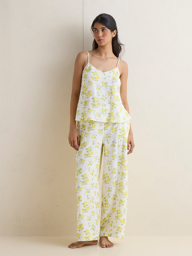 Wunderlove Ivory Floral Pattern Cotton Camisole and Pants Set
