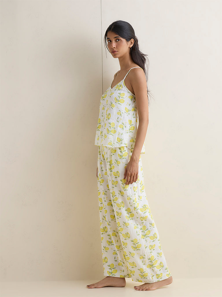 Wunderlove Ivory Floral Pattern Cotton Camisole and Pants Set