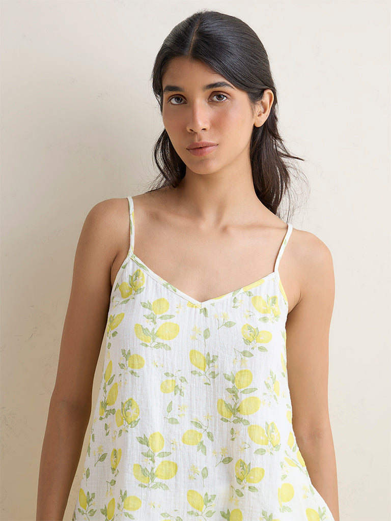 Wunderlove Ivory Floral Pattern Cotton Camisole and Pants Set