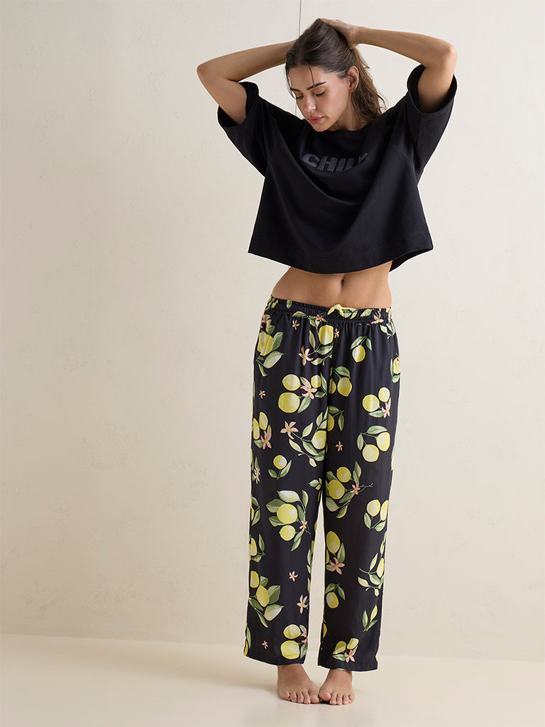 Wunderlove Black Lemon Printed High-Rise Pants