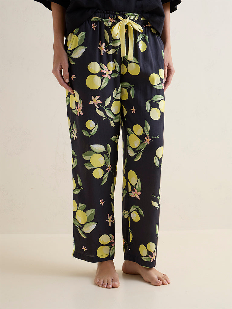 Wunderlove Black Lemon Printed High-Rise Pants