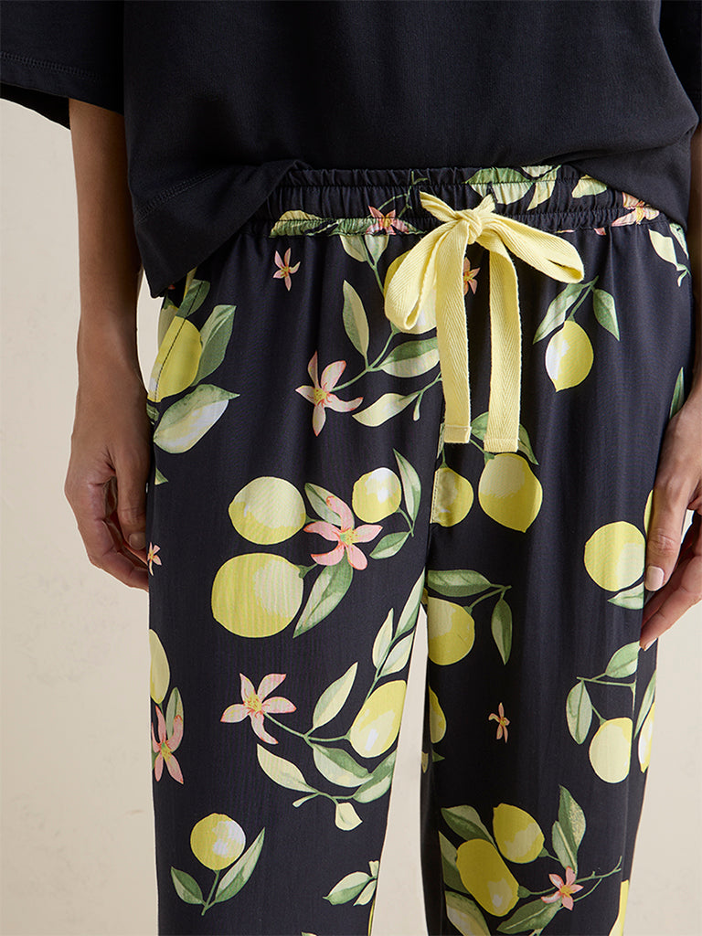 Wunderlove Black Lemon Printed High-Rise Pants