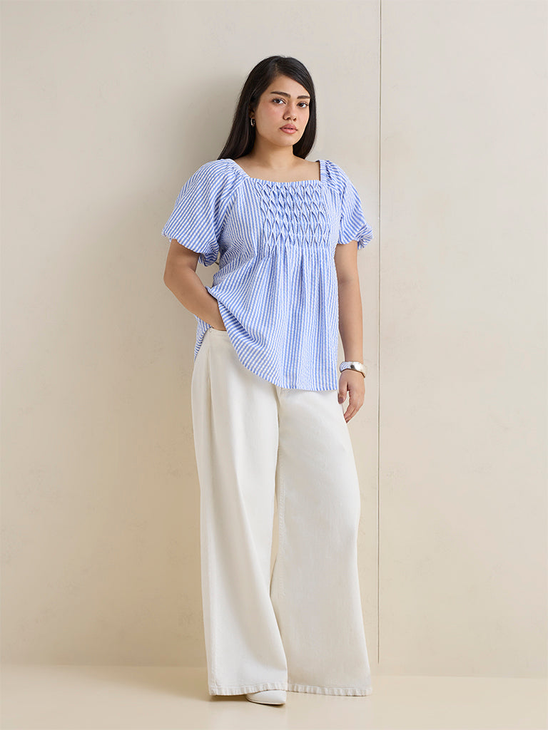 Gia Blue Seersucker Striped Cotton Top
