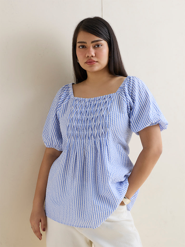 Gia Blue Seersucker Striped Cotton Top