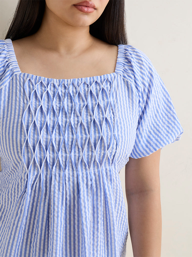 Gia Blue Seersucker Striped Cotton Top