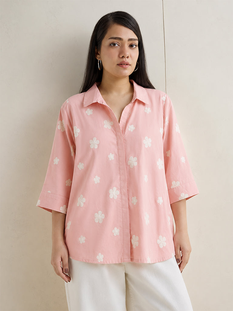 Gia Peach Floral Embroidered Cotton Shirt