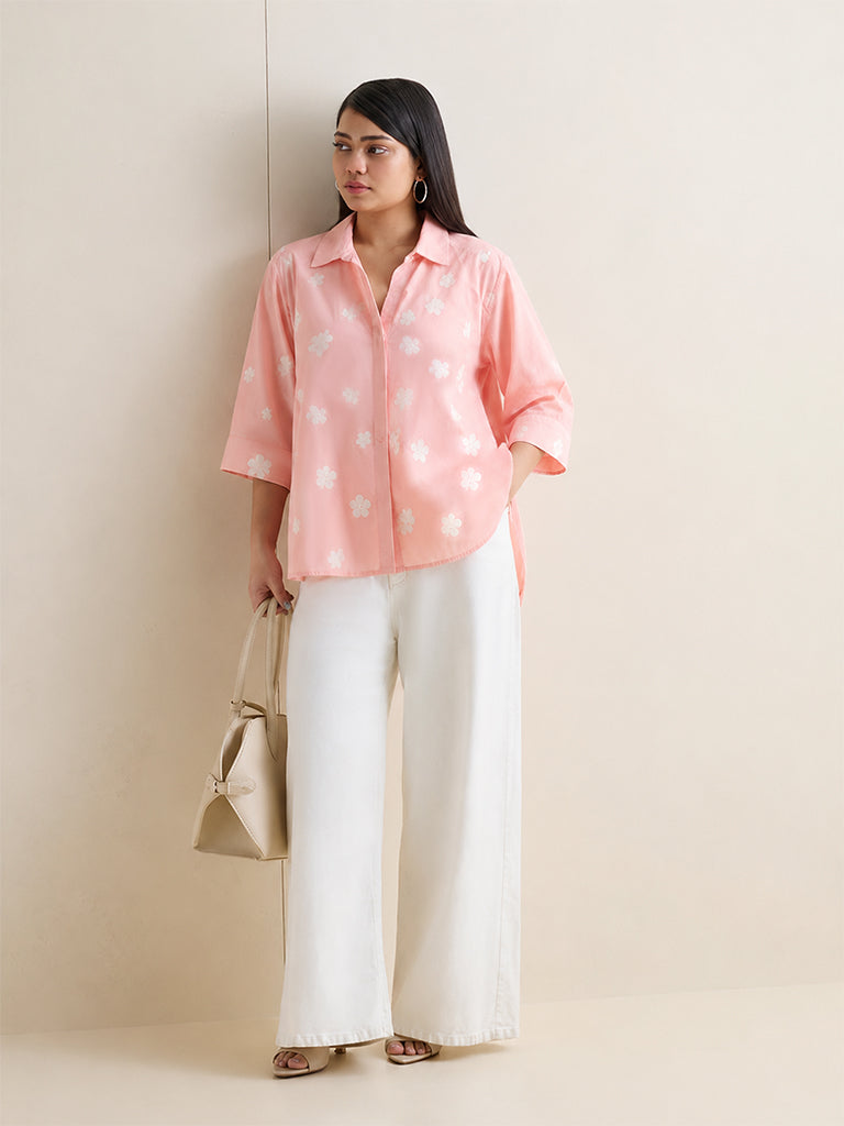 Gia Peach Floral Embroidered Cotton Shirt