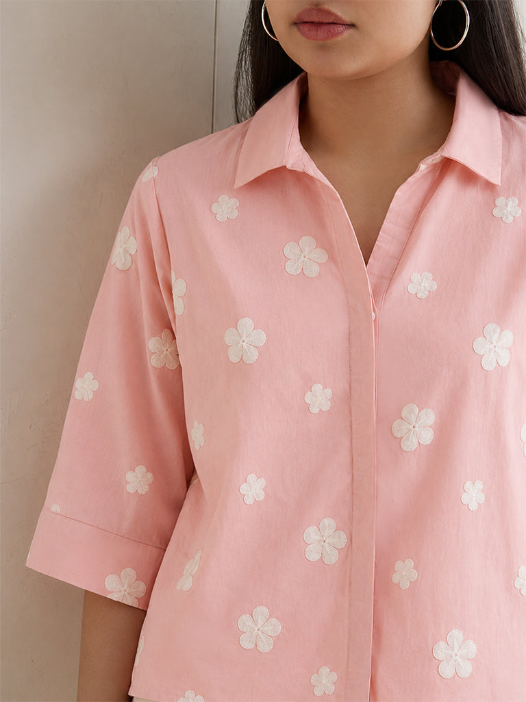 Gia Peach Floral Embroidered Cotton Shirt