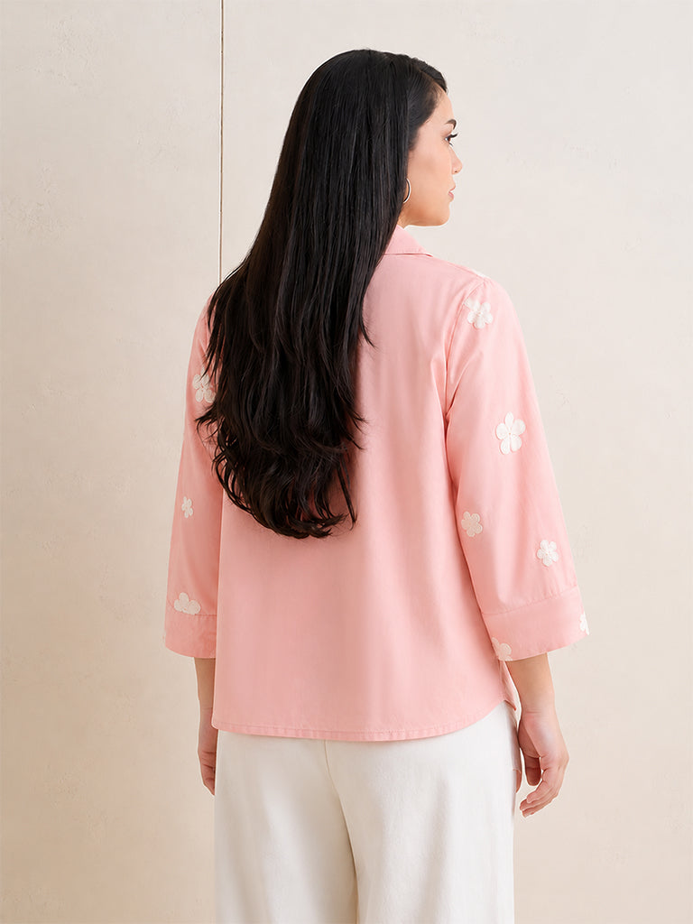 Gia Peach Floral Embroidered Cotton Shirt