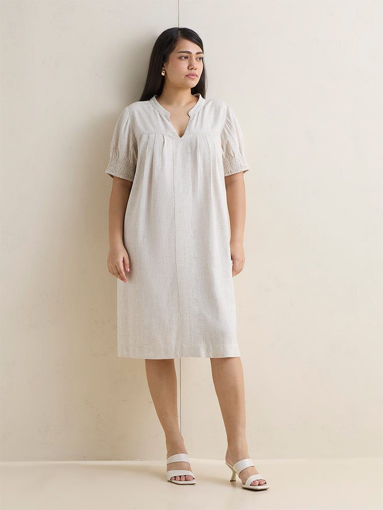 Gia Beige Solid A-Line Cotton Dress