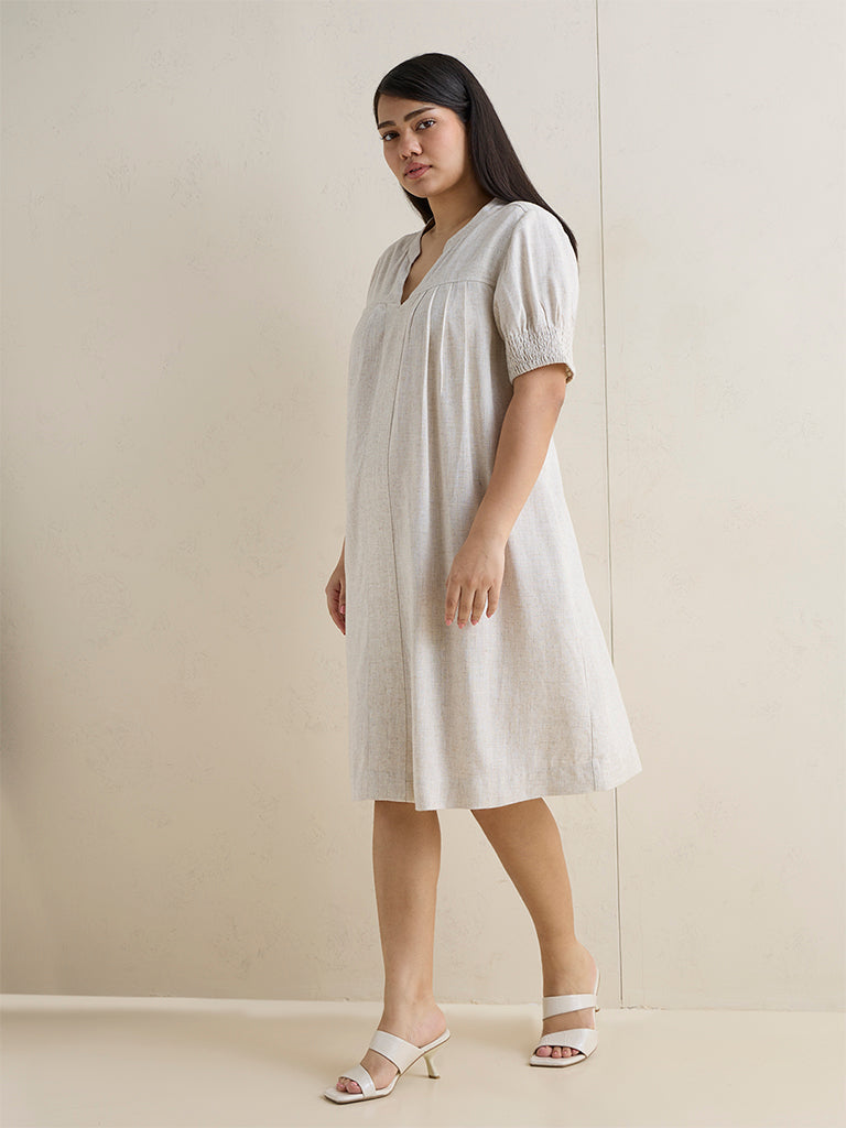 Gia Beige Solid A-Line Cotton Dress