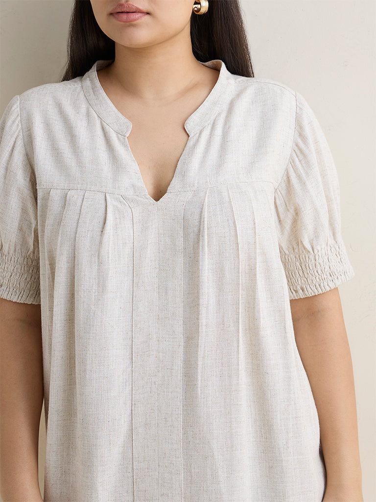 Gia Beige Solid A-Line Cotton Dress