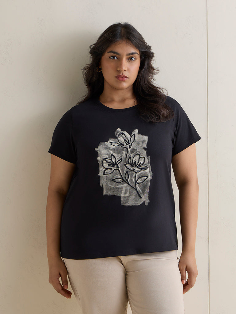 Gia Black Printed Cotton T-Shirt