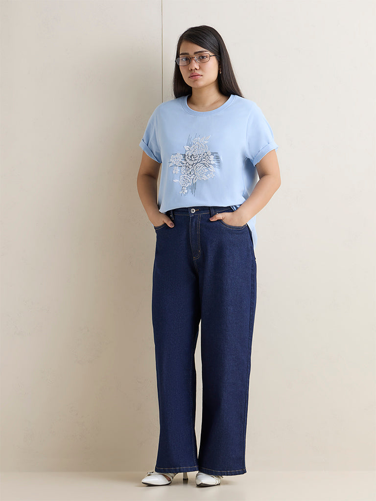 Gia Blue Floral Design Cotton T-Shirt