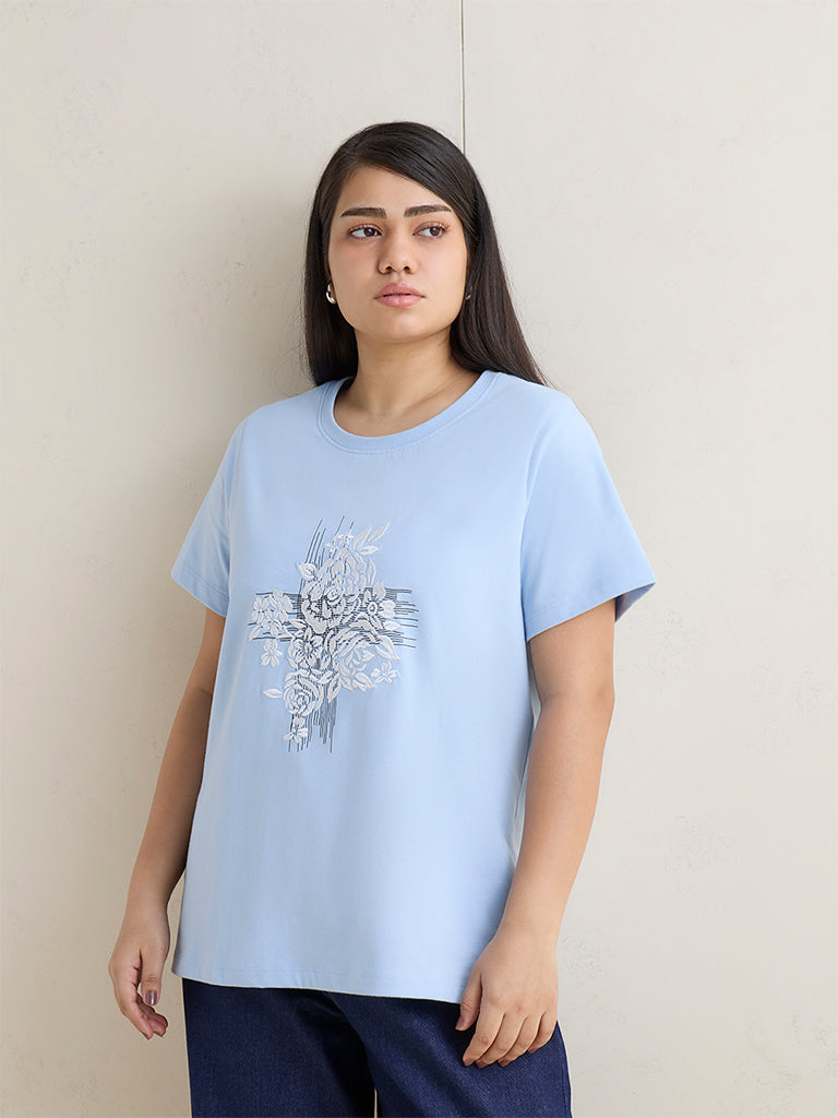 Gia Blue Floral Design Cotton T-Shirt