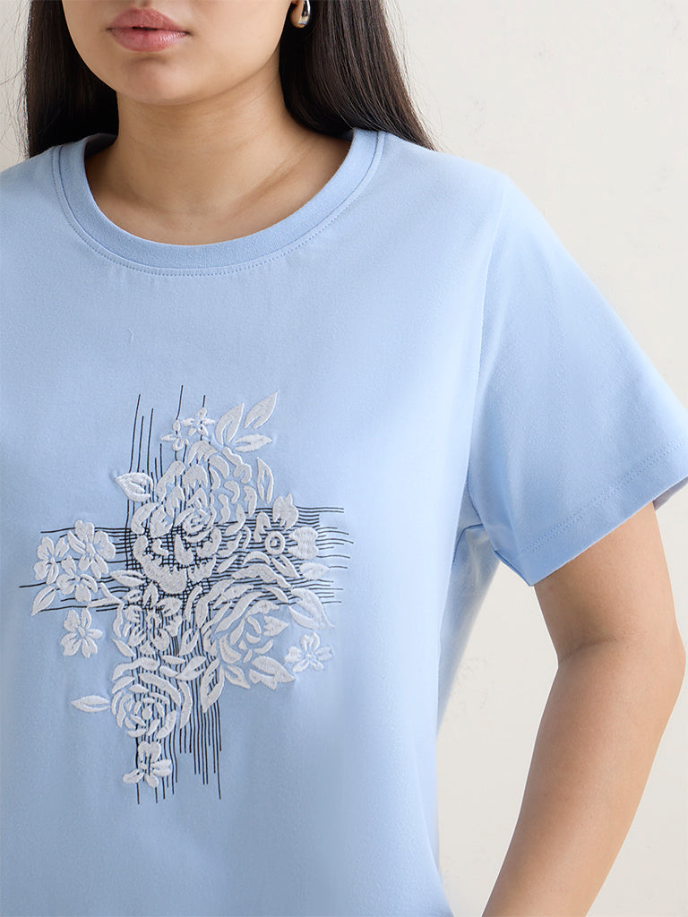 Gia Blue Floral Design Cotton T-Shirt