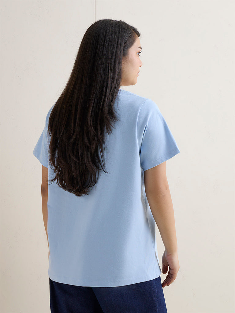 Gia Blue Floral Design Cotton T-Shirt