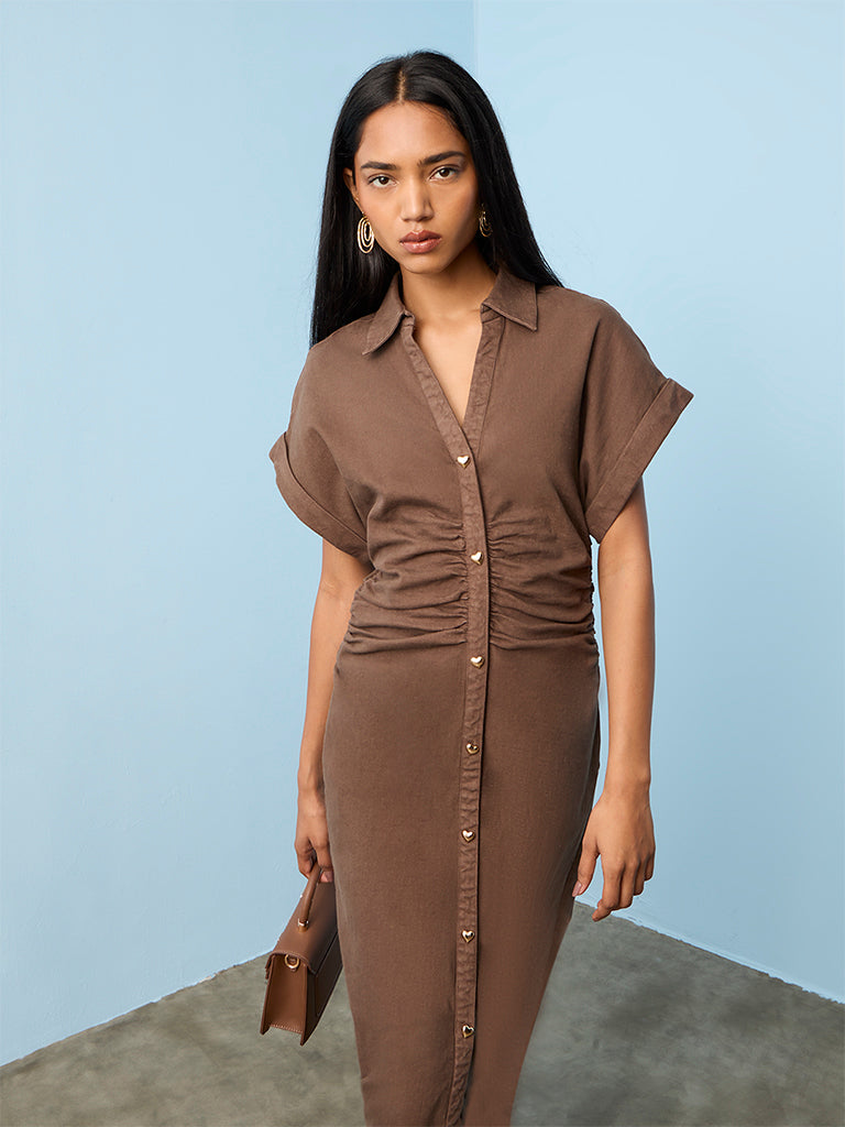 LOV Dark Brown Ruched Cotton-Blend Straight Dress