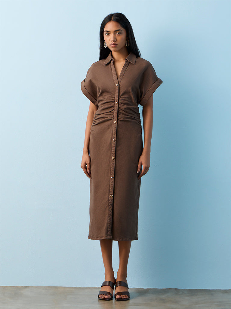 LOV Dark Brown Ruched Cotton-Blend Straight Dress