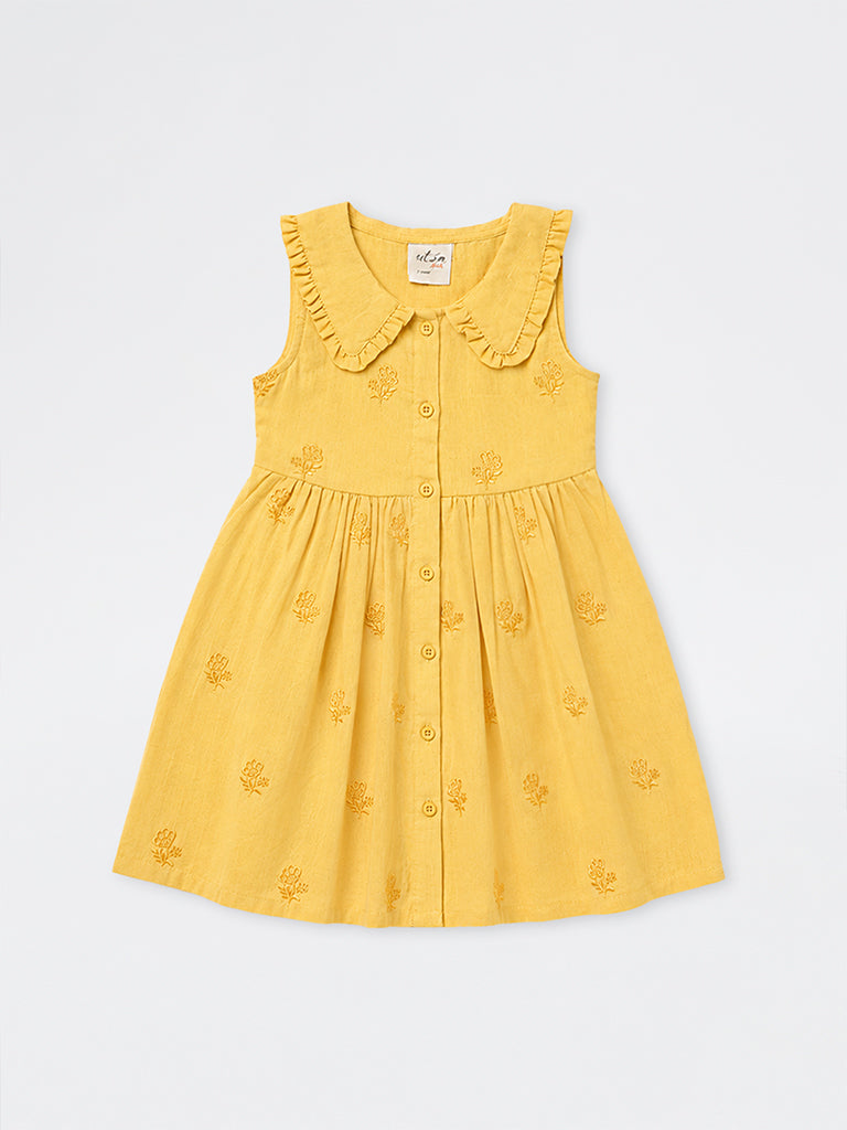 Utsa Kids Girls Yellow Floral Embroidered A-Line Cotton-Blend Dress - (2-8 yrs)