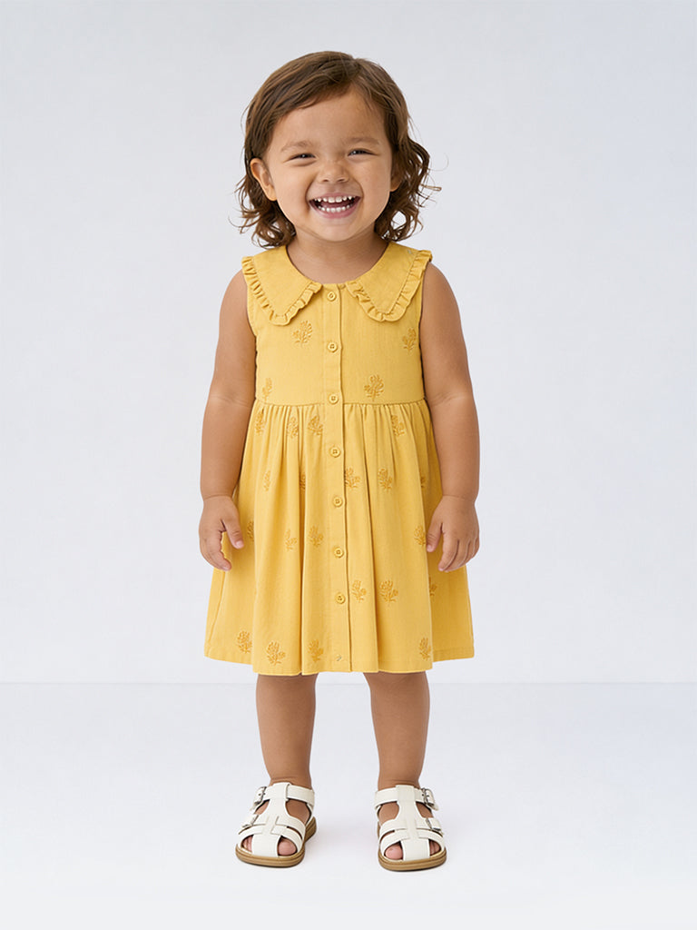 Utsa Kids Girls Yellow Floral Embroidered A-Line Cotton-Blend Dress - (2-8 yrs)