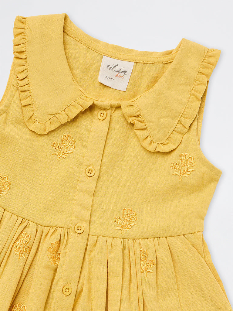 Utsa Kids Girls Yellow Floral Embroidered A-Line Cotton-Blend Dress - (2-8 yrs)