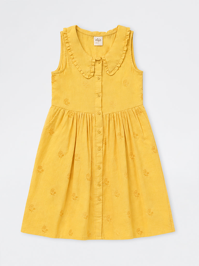 Utsa Kids Girls Yellow Floral Embroidered Cotton-Blend A-Line Dress - (8-14 yrs)