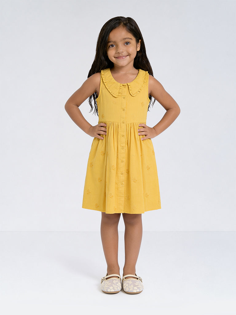 Utsa Kids Girls Yellow Floral Embroidered Cotton-Blend A-Line Dress - (8-14 yrs)