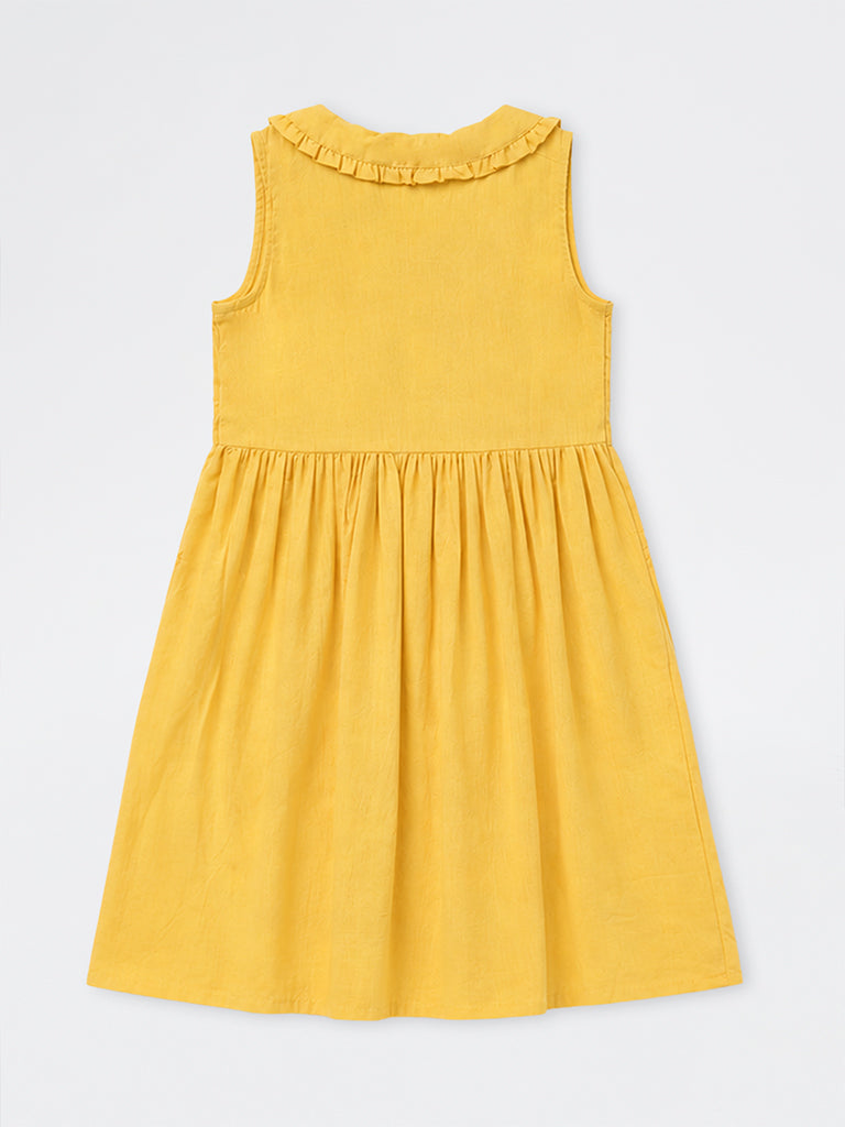 Utsa Kids Girls Yellow Floral Embroidered Cotton-Blend A-Line Dress - (8-14 yrs)