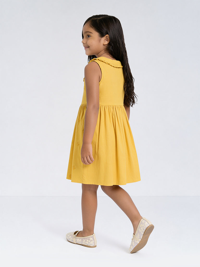 Utsa Kids Girls Yellow Floral Embroidered Cotton-Blend A-Line Dress - (8-14 yrs)