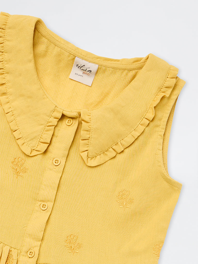 Utsa Kids Girls Yellow Floral Embroidered Cotton-Blend A-Line Dress - (8-14 yrs)