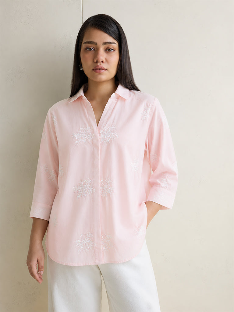 Gia Light Pink Floral Embroidered Cotton Shirt