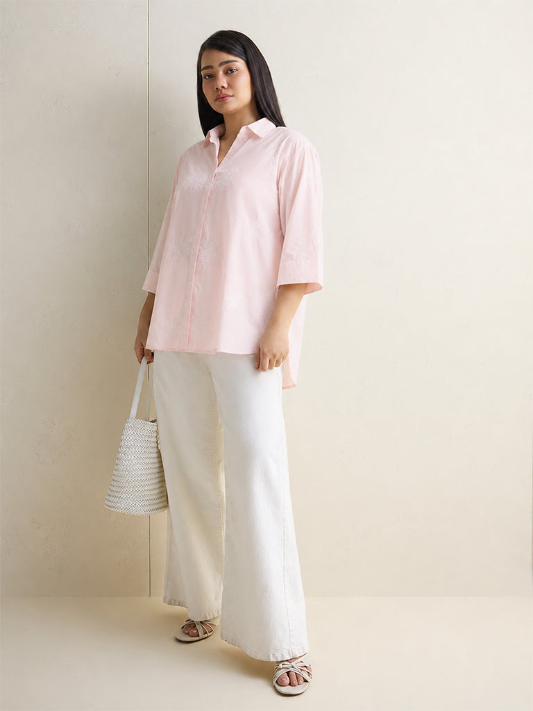Gia Light Pink Floral Embroidered Cotton Shirt