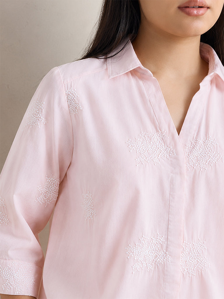 Gia Light Pink Floral Embroidered Cotton Shirt