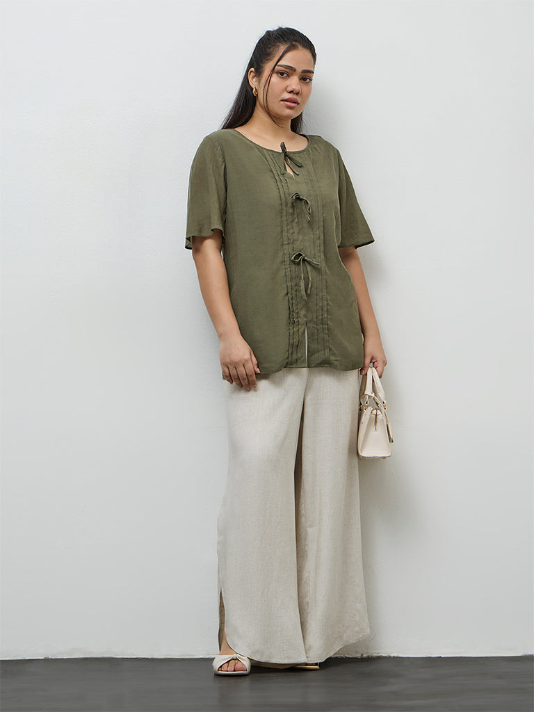 Gia Beige Solid High-Rise Cotton Pants