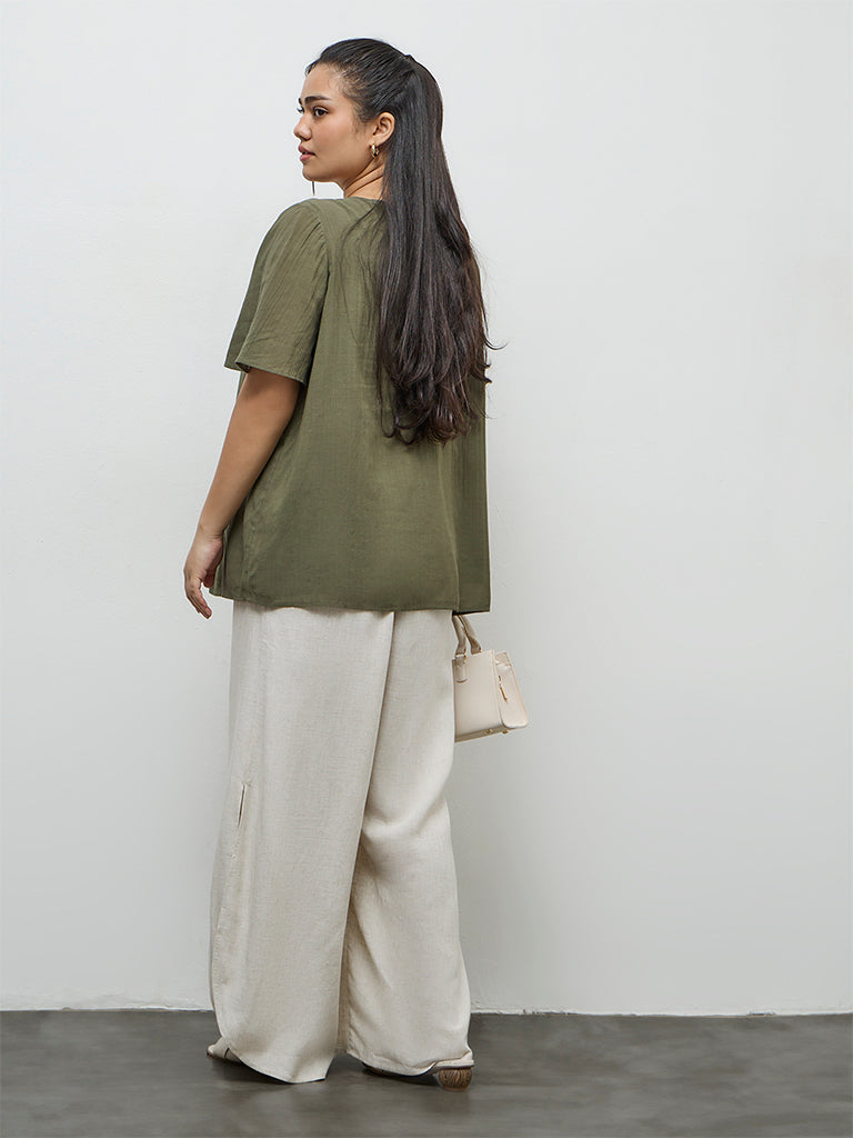 Gia Beige Solid High-Rise Cotton Pants