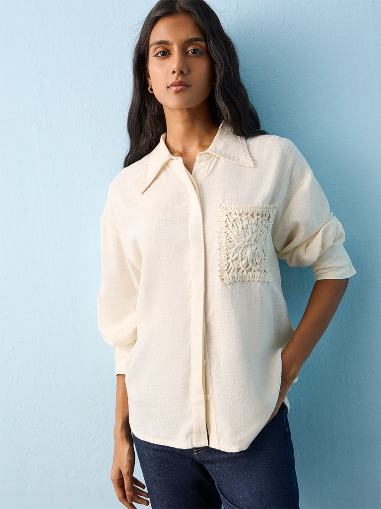 LOV Light Beige Embroidered Cotton-Blend Shirt