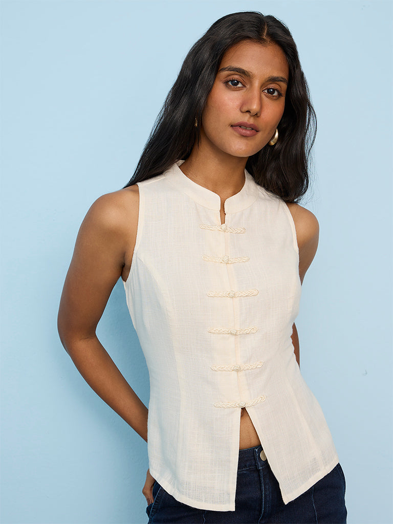 LOV Off-White Cotton-Blend Mandarin Collar Top