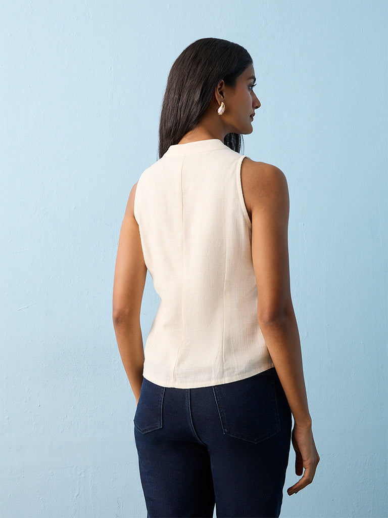 LOV Off-White Cotton-Blend Mandarin Collar Top